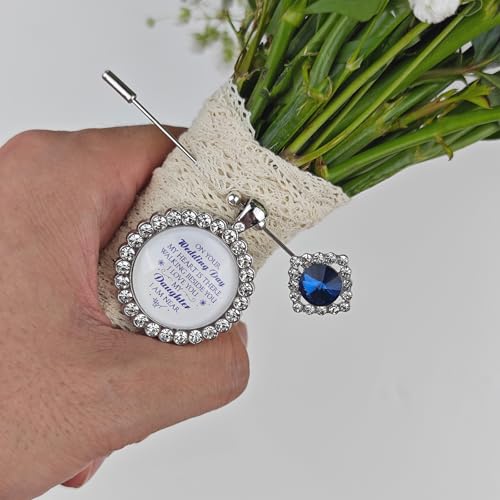 Something Blue Gift for Bride Bouquet Charms for Wedding Memory, Bridal Shower Gifts from Mom,Rhinestone Artificial Sapphire Wedding Gifts Bouquet Dress Pin with Touching Saying - style: My Daughter (WhiteK)