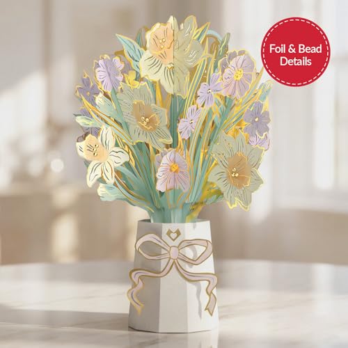 Lovepop Gilded Daffodil Luxe Bouquet - 3D Pop Up Paper Daffodil Bouquet for Mom, Sister, Friend, Her (Birthday, Mother's Day, Easter, Thank You) 12" - Blank Notecard & Envelope Included - color: Gilded Daffodil Luxe Bouquet