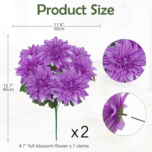Hollyone 2Pcs Purple Artificial Dahlia Flowers Bush 7 Heads Silk 15.7" Fake Dahlias Flowers Wedding Bouquets Faux Dahlia Flower Floral Arrangements for Outdoor Indoor Table Centerpieces Home Decor - color: 2pcs - Purple
