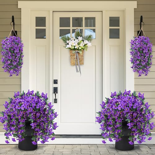 Sggvecsy Artificial Fake Hanging Flowers Plants for Outdoor Outside Spring Summer Decoration 4PCS Faux Silk UV Resistant Realistic Morning Glory Trailing Vines for Home Porch Patio Balcony(Purple) - color: Purple, size: 4Pcs