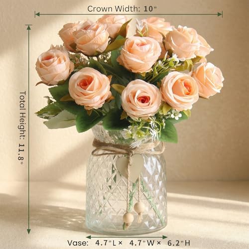 Faux Flowers in Vase, 18Pcs Fake Rose Flowers with Vase, Artificial Flowers Home Decor, Indoor Centerpiece for Living Room & Dining Table, Champagne - color: Champagne Rose