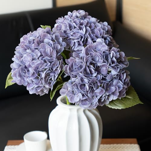 DUYONE 22" Real Soft Touch Hydrangea Artificial Flowers Realistic,Large Long Stem Fake Flowers Full Latex Faux,Wedding Bouquet,Party Home Decor,Garden Office Room Table Centerpieces Taro Purple 3Pcs - color: Taro Purple, size: 3Pcs