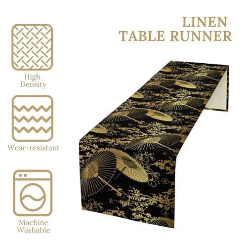 Japanese Table Runner, Gold Fan Umbrella Flower Pattern Traditional Asian Luxury Table Runner for Coffee Kitchen Dining Holiday Home Party 13x36in - color: Aisa-9, size: 13x36in