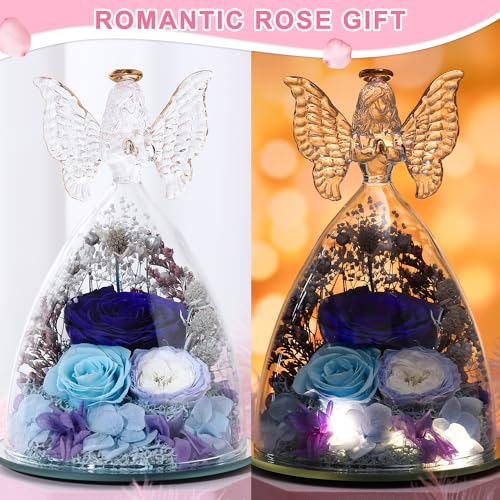 Mothers Day Rose Gifts for Women Preserved Real Flower in Glass Angel Figurines Roses for Delivery Prime Birthday Gifts for Mom Grandma Girlfriend Wife Her,Blue Austin Roses - color: Blue With Austin Roses