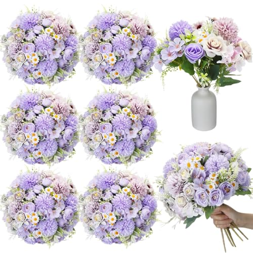 Tigeen 6 Bundles Artificial Bouquet Flowers Artificial Peonies Faux Roses Silk Flowers Hydrangea Bouquet for Wedding Table Centerpiece Floral Vase Decor(Purple) - color: Purple