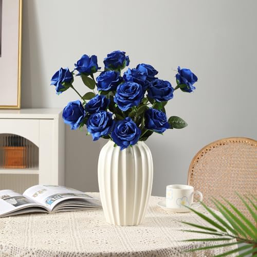 Tifuly Royal Blue Roses Artificial Flowers -12 pcs Realistic Single Long Stem Fake Silk Roses Bouquet for Party Home Wedding Centerpiece Office DIY Decor - color: Royal Blue