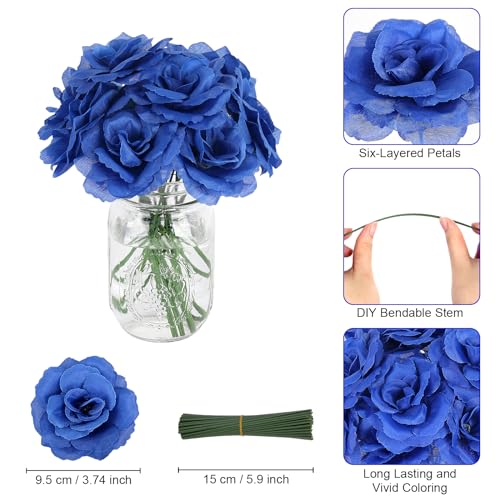 LELEE 108pcs Roses Head Flowers with Stem - Royal Blue Artificial Flowers Rose Bulk - Silk Rose Fake Flower for Wedding Bouquet Party Home Decor DIY Baby Shower Centerpieces Tables Decoration - color: Blue