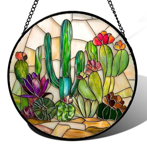 DASTOLL Stained Glass Window Hanging, White Green Cactus Suncatcher Diamond Glass Panel Hangings Sun Catchers Decor for Birthday for Women, Men, Wife, Aunt, and Mom 14.9x14.9 in - color: Green, size: 14.9x14.9 IN