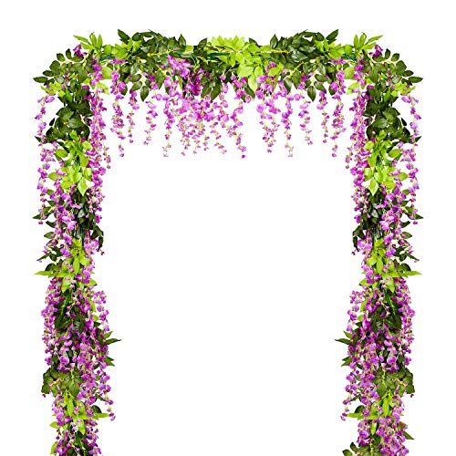 DearHouse 4Pcs 6.6Ft/Piece Artificial Flowers Silk Wisteria Garland Artificial Wisteria Vine Rattan Silk Hanging Flower for Home Garden Outdoor Ceremony Wedding Arch Floral Decor - color: Purplish Red