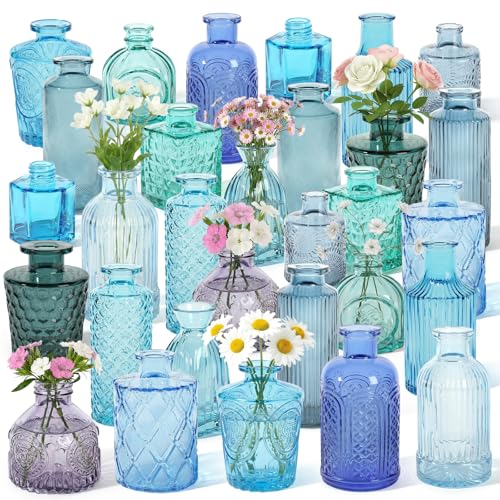 Set of 30 Blue Colored Glass Bud Vases - Small Textured Flower Vases for Centerpieces, Wedding Table Decor, Retro Home Decor Bulk Vase Set for DIY, Events & Gifts - color: Blue