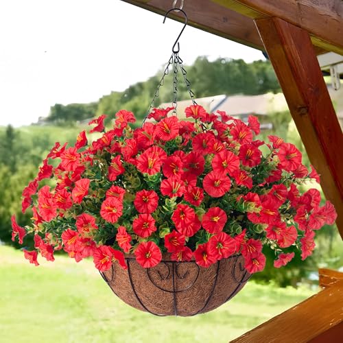 HyeFlora Artificial Fake Hanging Flowers for Outdoors Baskets Spring Decor, Faux Hanging Plants Outside Silk Morning Glory in Planter Look Real UV Resistant for Outdoor Porch Patio Garden Home, Red - color: B Red