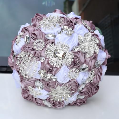 Bridal Wedding Bouquet with Bling Silver Rhinestones for Bride Bridesmaid Quinceanera Satin Rose Flower Bouquet Wedding Skin Purple and White 8.7in - color: Skin Purple & White (Standard Size: Dia.8.7")