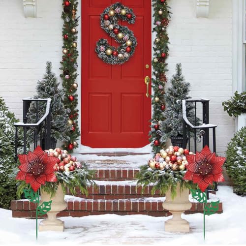 YEAHOME Outdoor Christmas Decorations, Set of 2 Poinsettia Flower Decorative Garden Stakes for Christmas Decor, Metal Red Flowers Xmas Decorations for Outside Garden Yard Lawn Porch - color: Red