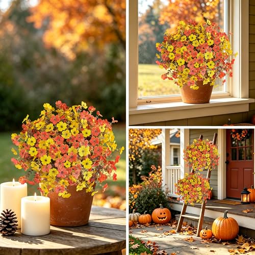 Artificial Flowers for Outdoor Indoor Decoration, Faux Flower Daisy with Eucalyptus Leaves Fake Plants Dried Flower Greenery Boxwood Porch Patio, 12 Bundles (Orange Yellow Fall) - color: Orange Yellow Fall