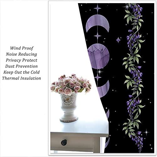 Purple Boho Floral Flower Rod Pocket Blackout Curtains for Boy Girl Bedroom,Moon Phase Moonlit Garden Witchy Gothic Aesthetic Thermal Insulated Home Window Drapes for Living Room Darkening,42x45 inch - color: Purple Boho Floral Flower-007, size: 42"W x 45
