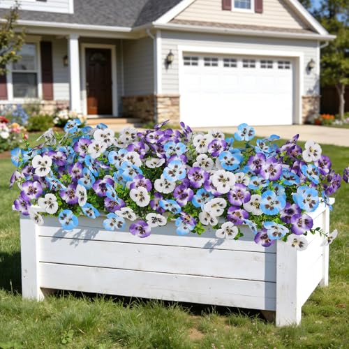 Ouddy Decor 20 Bundles Artificial Pansy Flowers for Outdoors, Fake Silk Flowers Faux Plants UV Resistant for Vase Table Balcony Planter Porch Yard Garden Indoor Outdoor Home Decor, Purple Blue White - color: Purple Blue White