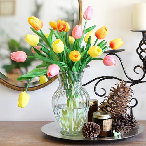 FiveSeasonStuff Orange, Yellow & Pink 15 Stems Real Touch Artificial Tulips, Soft PU Faux Flowers with Bendable Stems for Vase Centerpieces, Home & Wedding Decor - color: #10 Festive Bloom (Orange, Yellow & Pink)