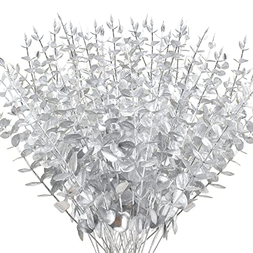 FEQO 72 Pcs Silver Eucalyptus Stems Artificial Leaves Faux Eucalyptus Stems Branches 15 inch for Wedding Bouquet Home Decor - color: Silver, size: 72 Pcs