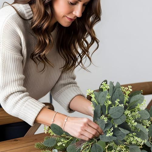 Janinka 20 Pcs Artificial Greenery Eucalyptus Stem Artificial Mixed Eucalyptus Stems Leaves Bulk with White Seeds Silver Dollar Faux Greenry Stems Sprays for Wedding Bouquet Decor Flower Arrangement