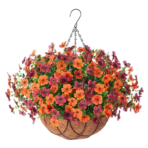 INXUGAO Artificial Silk Flowers Hanging Baskets for Outdoors Indoors, Daisy with Eucalyptus Leaves Arrangement for Garden Yard Decor, Faux Green Plant in Metal Coconut Lining Flowerpot(Orange Brown) - color: Orange Brown