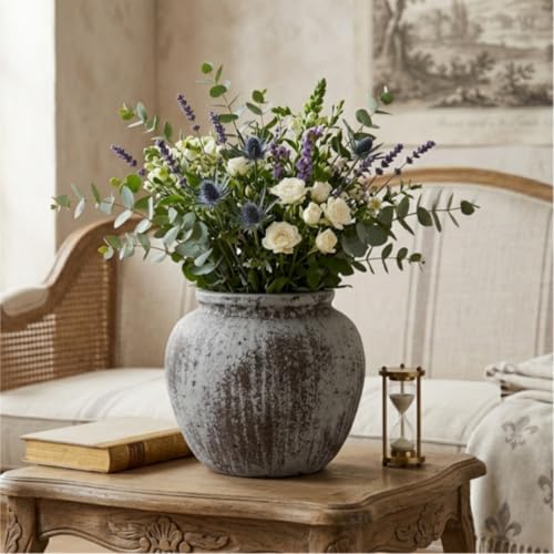Oakrain Large Rustic Vase, 11" Distressed Round Floor Vase for Home Decor, Farmhouse Centerpieces Planters for Living Room Indoor Outdoor Use, Gray - color: Distressed Gray, size: 11" Dia