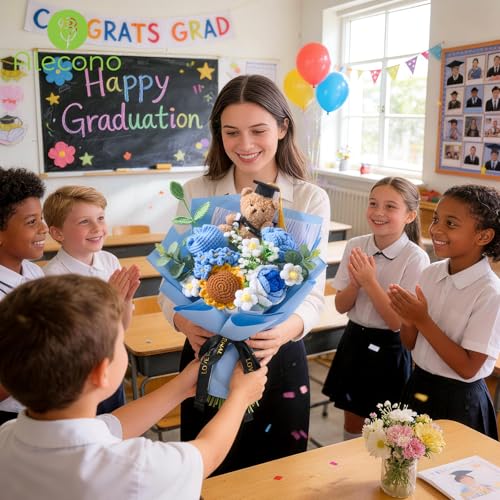 Alecono Crochet Flower Bouquet, Blue Handmade Graduation Bouquet for Class of 2026, Knitted Flowers for Friends Graduation Teacher's Day Anniversary Birthday Gifts (with Card) - color: Blue, size: Large