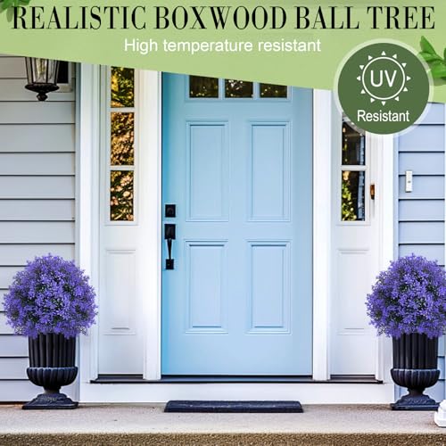 Yunlly Artificial Lavender Topiary Ball Trees, 6 Set of 20'' Faux Bushes for Front Porch Decor, UV Resistant Fake Evergreen Shrubs Plants with Ground Spike, Faux Plants for Outdoor Indoor Garden - color: Green, Purple