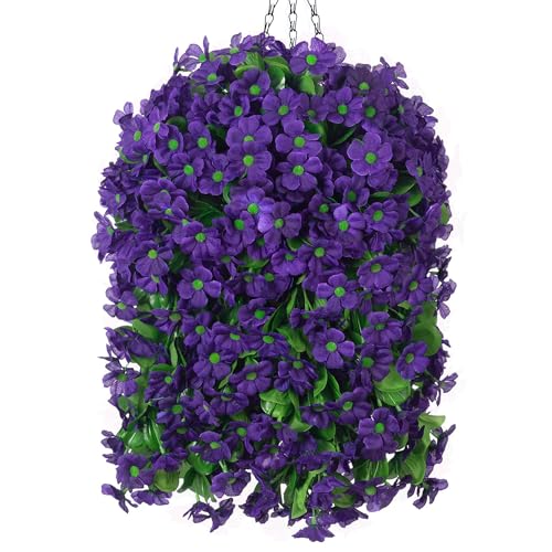 Ammyoo Artificial Hanging Flowers in 12 inch Basket, Fake Plant Silk Orchid Flower Arrangement with Coconut Lining Pot Planter for Patio Garden Porch Deck Spring Summer Decor(Dark Purple) - color: Dark Purple