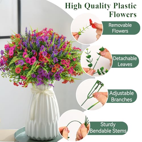 Alupssuc 24 Bundles Artificial Flowers for Outdoors Planters Spring Decoration, UV Resistant Faux Eucalyptus Violet and Lavender Silk Fake Plants for Outside Indoor Yard Home Patio Decor, Mix 3 Colors - color: Red Rose Purple