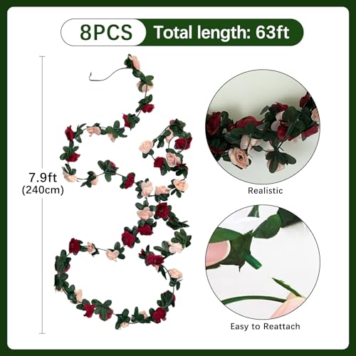 8Pcs 63Ft Burgundy Rose Garland, Fake Flower Vines, Artificial Vine Flowers, Rose Hanging Garland for Party Wedding, Garden, Room Table, Christmas, Backdrop Wall Arch Decor - color: Burgundy-2, size: 8Pcs-63Ft