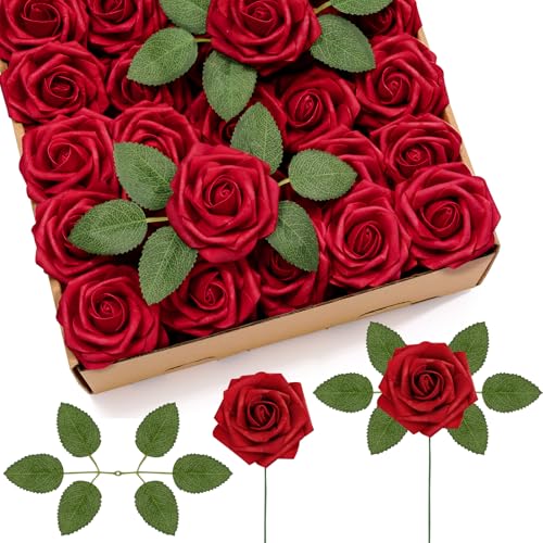 Lifewit Artificial Flowers, 50 Pcs Dark Red Foam Real Looking Roses with Stems, Fake Roses for DIY Wedding Bouquets, Centerpieces Arrangements, Valentine Decorations - color: Dark Red