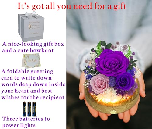 Valley of Rain & Forest Long-Lasting Real Flowers, Unique Floral Gift for You to Send Love for All Occasions, for Indoor Decoration (Dark Purple & Pink Roses Arrangement) - color: Dark Purple & Pink Roses Arrangement