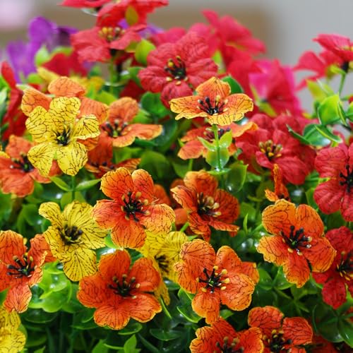 Artificial Fall Flowers for Outdoors, UV Resistant Fake Silk Flowers No Maintenance for Outside,Faux Mums Eucalyptus Plants for Porch Patio Garden Planter Box Home Autumn Outdoor Decor(10pcs) - color: 2(pu+ye+rs+or+rd)
