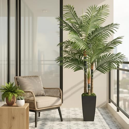 5ft Artificial Palm Tree Indoor Plant，Triple Faux Tropical Areca Floor Plant in Pot，Artificial Plants with Lifelike Leaves for Home Office Decor - color: Black, size: 5ft
