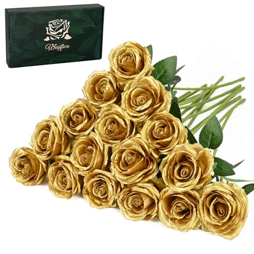 Waipfaru 16 Pcs Fake Gold Roses Artificial Flowers with Long Stems, Rose Bouquet Silk Faux Flowers for Valentines Wedding Party Vase Centerpiece Home Decor (Gold) - color: Gold, size: 16 Pcs