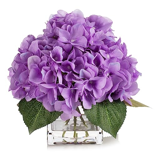ENOVA FLORAL Silk Hydrangea Artificial Flowers in Vase with Faux Water, Silk Flower Arrangements in Vase for Home Decor, Wedding Table (Purple) - color: Purple