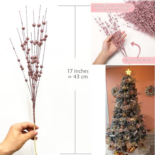 Artificial Glitter Berry Stem Ornaments 17” Decorative Faux Bright Berries Flowers Decorations Picks Bead Sticks Branches for Home Christmas Tree Decor DIY Wreath Crafts - Champagne Pink 10 Pack - color: Glitter Berry Sticks - Champagne Pink 10 Pack