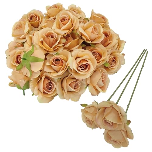 Artificial Light Coffee Satin Rose Flower Heads,42 Pcs Toffee Silk Rose Heads with Stems,3.5'' Rose Artificial Flowers Bulk,Artificial Brown Rose Flower Heads for DIY Crafts Bouquet (42, Toffee) - color: Toffee