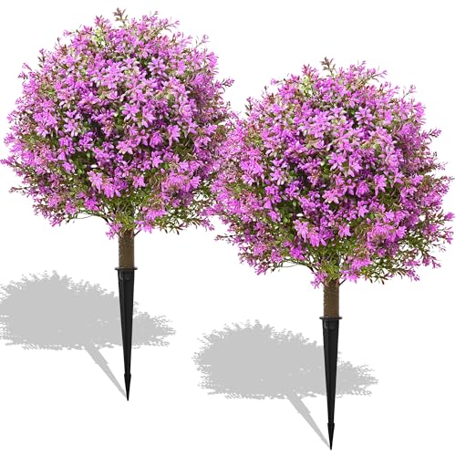 28" Artificial Boxwood Topiary Tree Purple, Set of 2 UV Resistant Fake Evergreen Shrubs Bushes with Ground Spike, Realistic Plants for Outdoor Indoor Front Porch Garden Home Decor - color: Purple Boxwood