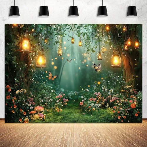 Spring Enchanted Forest Backdrop, Fairy Tale Wonderland Garden Backdrops for Photoshoot, Mushroom Butterfly Woodland Fairy Tea Party Decorations Photo Booth Studio Props Backdrops 6X4FT - color: Green, size: 6X4FT