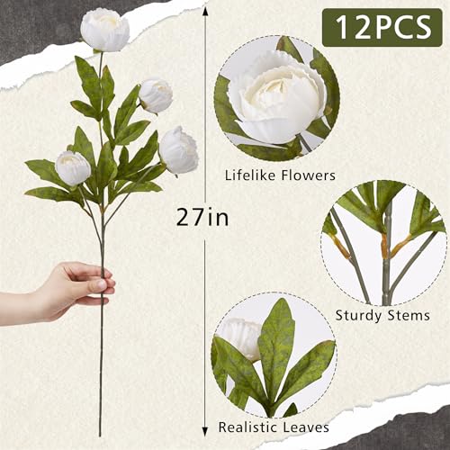 Waipfaru 12 Pcs Faux Peonies Artificial Flowers for Vase, 27" Fake Silk Peonies Flowers for Wedding, Vase Filler White Flowers for DIY Bouquets Centerpieces Bridal Shower Office Decor - color: White, size: 12Pcs