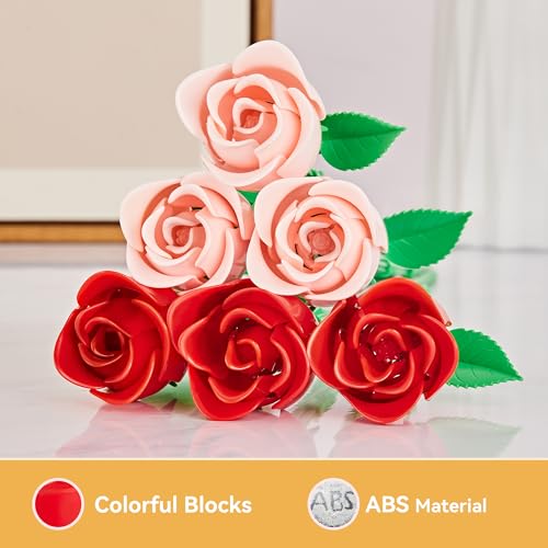 Rose Flower Bouquet Building Set: Artificial Flowers Botanical Collection Blocks Kit for Women Girls Wife Adults Home Decor Thanksgiving Christmas Mother's Day Valentine's Gifts 6-Pack - color: 3 Red & 3 Pink