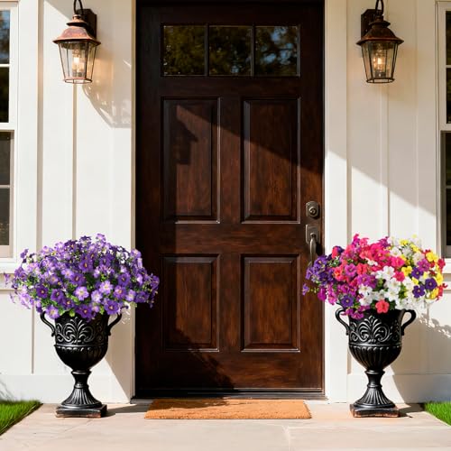 INQCMY Artificial Fake Flowers for Outdoors Decoration,12 Bundles Silk Colorful Morning Glory with Eucalyptus UV Resistant Look Real Faux Flowers for Planter Door Garden Porch Patio Balcony Yard - color: Dh Double Purple