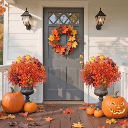 Dremisland 24 Bundles Artificial Fall Flowers for Decorations, Fake Mums Faux Plants UV Resistant Plastic Flowers for Autumn Thanksgiving Halloween Garden Yard Window Box Home Indoor Outside Decor - color: Fall Orange