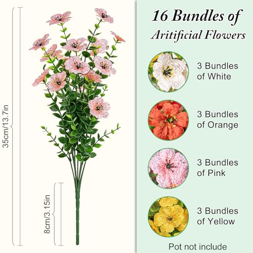 Artificial Flowers for Outdoors Decoration for UV Resistant Silk,16 Bundles | Artificial Violet Flowers for Spring Outdoor Decor, Realistic Fake Plants for Porch,Garden,Window Box,Vase Mix 6 Colors - color: Orange White Yellow Pink