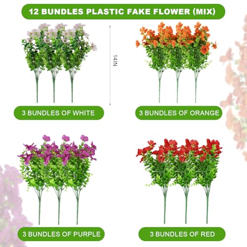 ADXORA 12 Bundles Artificial Flowers,Faux Plants for Spring Summer Decoration, UV Resistant Colorful Violets Eucalyptus for Outside Home Planter Porch Patio Yard Décor - color: Purple,red,orange,white