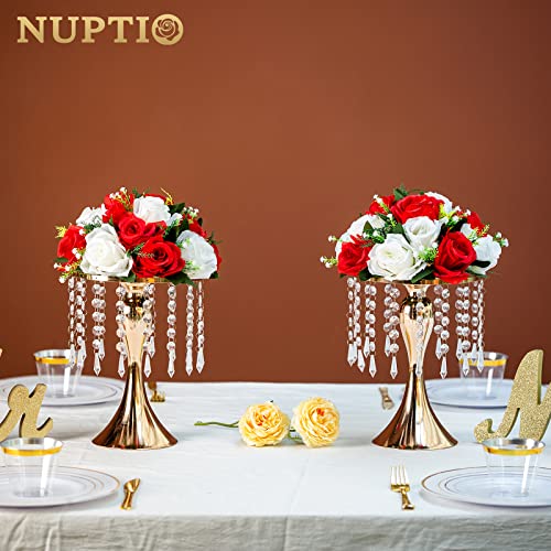 Nuptio 2 Pcs Crystal Flower Stand Wedding Centerpieces for Tables, 10.2in/26cm Height Flower Holders Centerpiece Metal Flower Vase for Wedding Party Reception Dining Room Living Room Decor - color: Gold, size: 2 x S