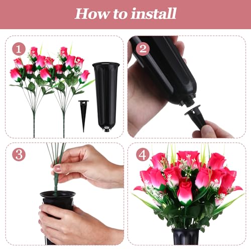 Tigeen 6 Sets Father's Day Cemetery Flowers with Grave Vase 12 Bunches Artificial Rose Memorial Bouquet 84 Heads Fake Silk Flower for Dad Gravesite Graveside Decor(Pink) - color: Pink