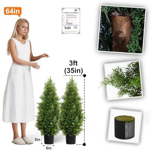 Aveyas 3ft Artificial Cedar Topiary Trees for Outdoor Front Porch Door, 3 Feet Faux Potted Plants Evergreen Fake Pine Cypress Tree for Outside Home Decor (3 ft Tall) - Set of 2 Pack - color: Cedar Topiary Trees - 2 Pack (3ft), size: 3 feet