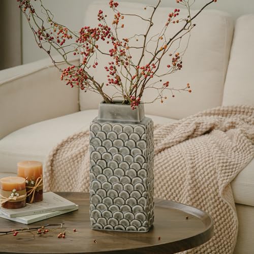 Ceramic Flower Vase, 12.6” Large Rustic Farmhouse Decorative Vase for Home Decor, Gray Textured Pottery Vase for Pampas Grass, Living Room, Entryway, Mantel, Kitchen Table - color: 302-grey